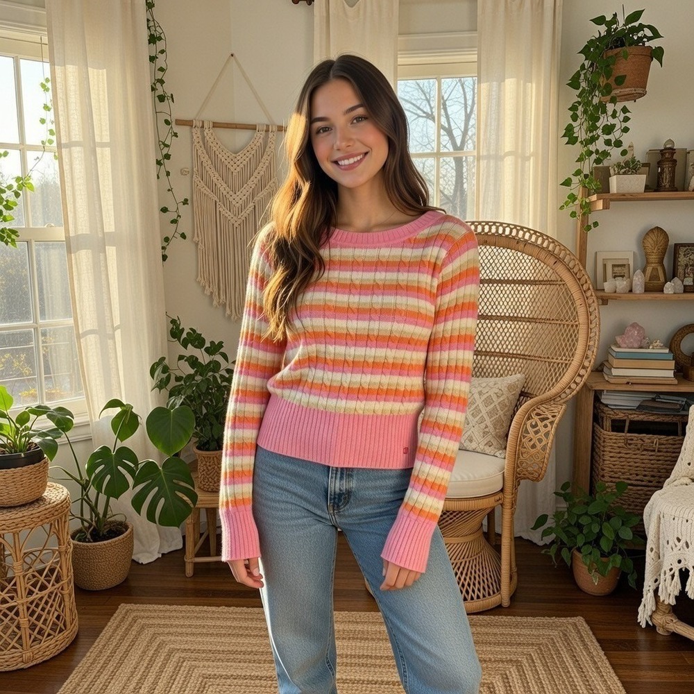 Aeropostale Womens Pink Striped Shrunken Cable Knit Sweater Large Butterfly Logo